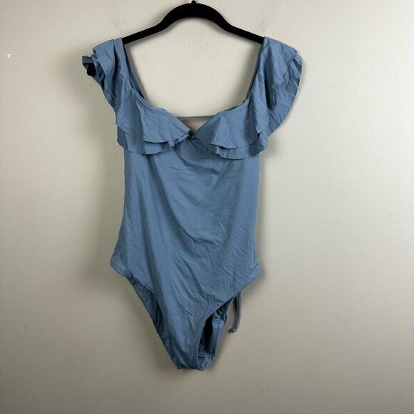 BEECA by Rebecca Virtue steel blue tiered ruffle off the shoulder swimsuit - Picture 2 of 8